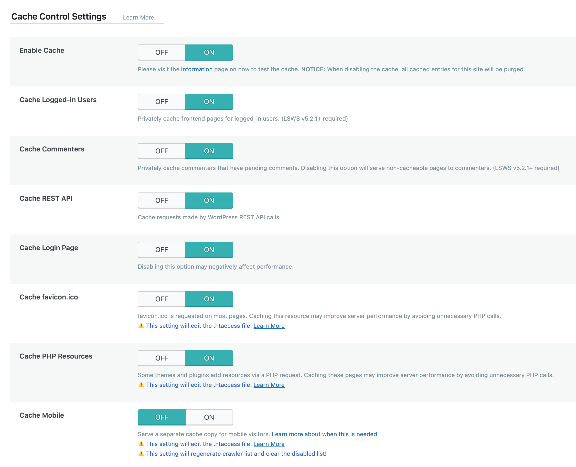 LiteSpeed Cache Control Settings