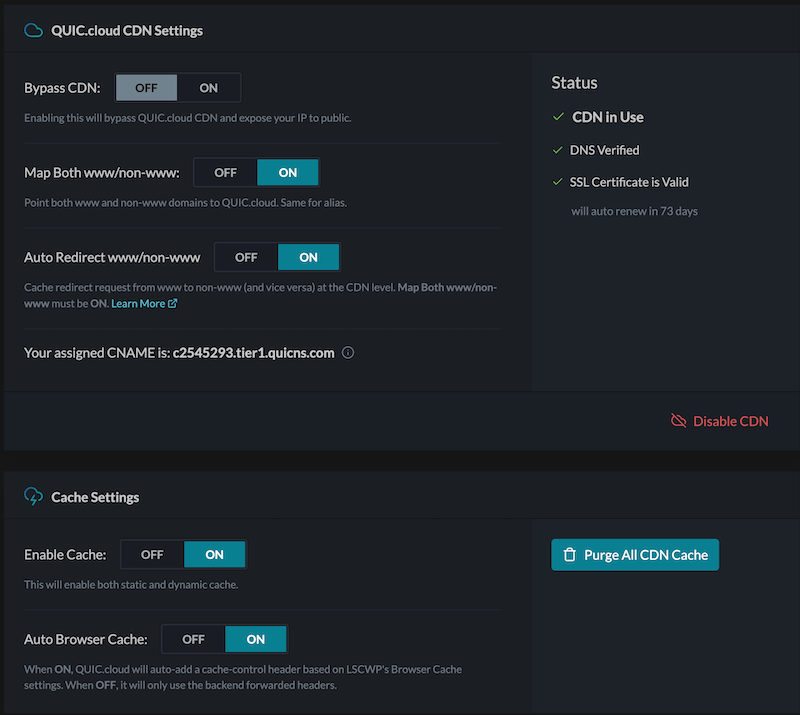 QUIC.cloud CDN cache settings