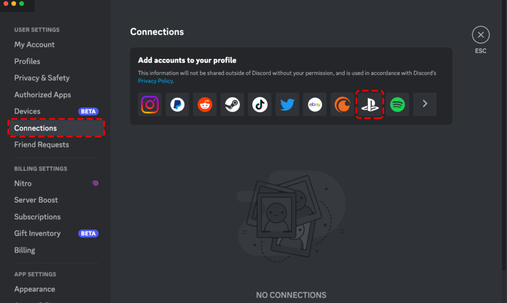 A screenshot of the Connections page in Discord, used for linking your account for PlayStation Network to your Discord account.