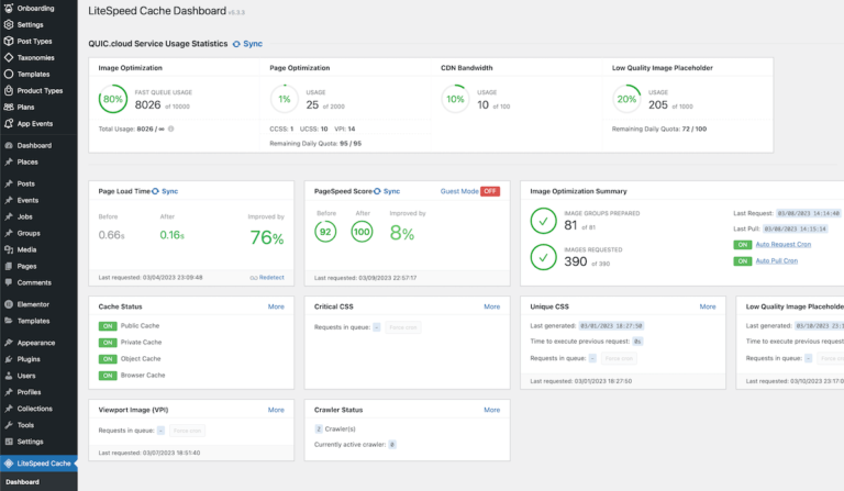 LiteSpeed Cache plugin settings dashboard