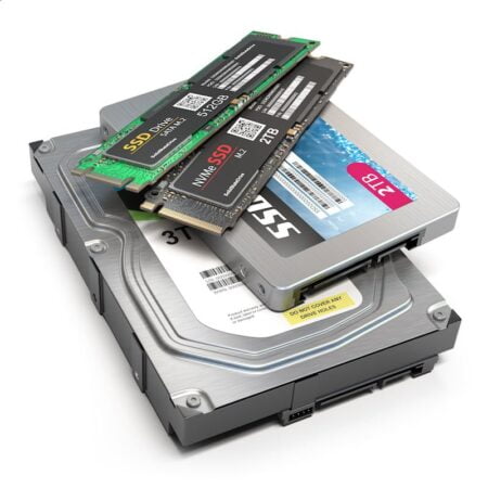 Set of different data storage devices. Hdd, ssd and ssd m2