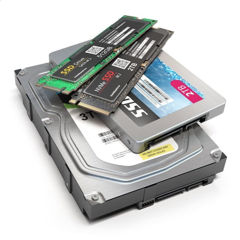 Set of different data storage devices. Hdd, ssd and ssd m2