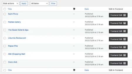 Wordpress admin dashboard post list