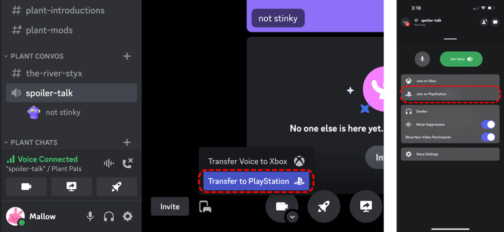 Two side-by-side screenshots. The button to move your Voice conversation to PS5 is shown on both the desktop and mobile clients. 