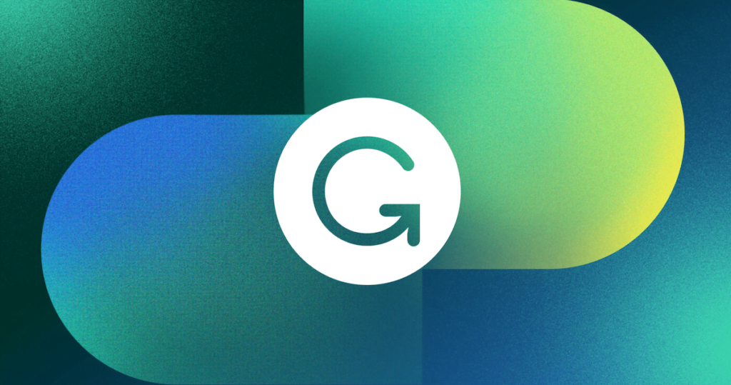 The Grammarly logo and illustrations of curved shapes with gradient colors.