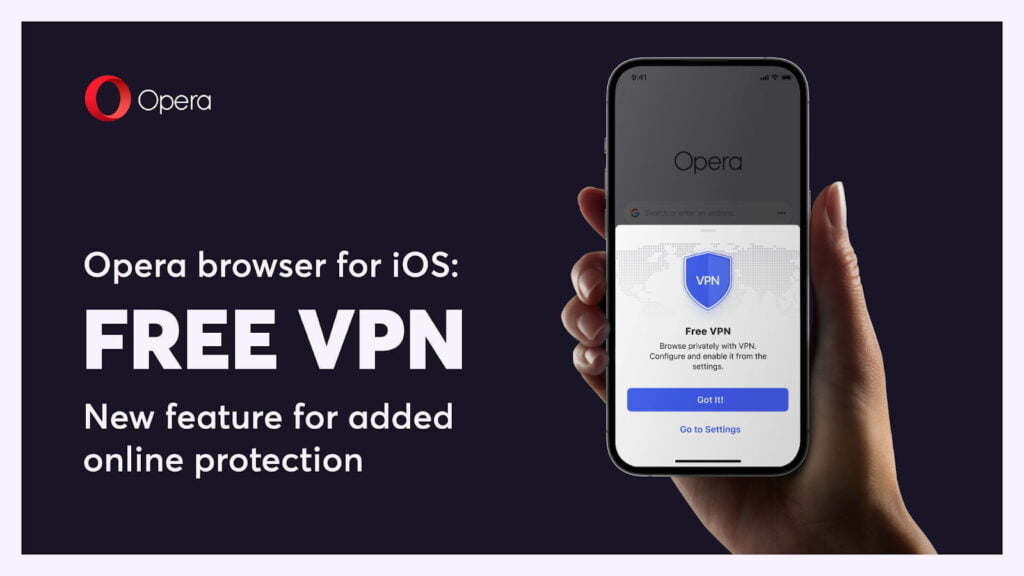 A phone screen shows the device protection courtesy of Opera free VPN.