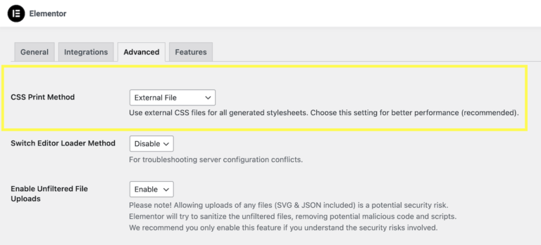 Elementor CSS Print Method Settings