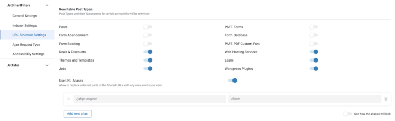 Crocoblock's JetSmartFilters URL aliases settings