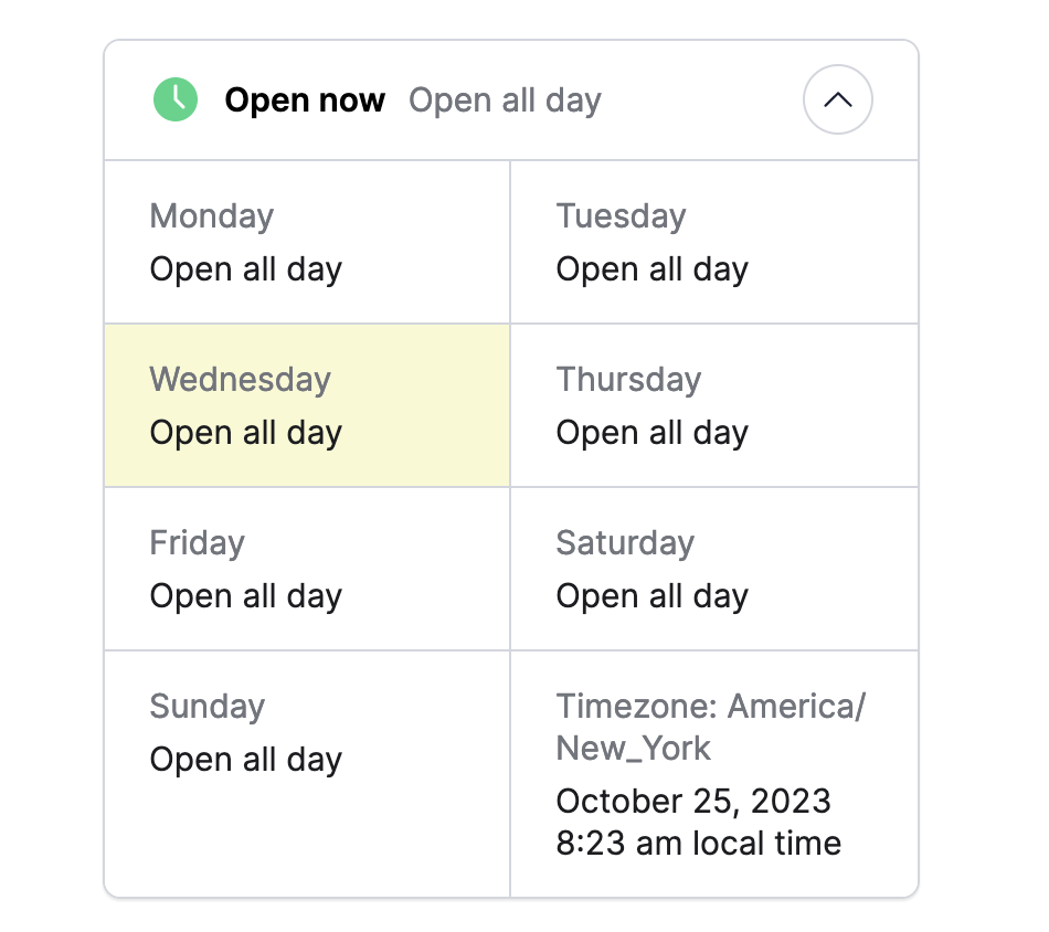 Screenshot of Dynamic Business Hours Highlighting Based on Current Day - In Voxel